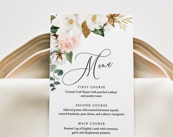 Wedding Menu Template, Southern Magnolia Menu Card, Printable Dinner Menu, INSTANT DOWNLOAD, 100% Editable Text, 5x7 & 3.5x8.5 #015-137WM