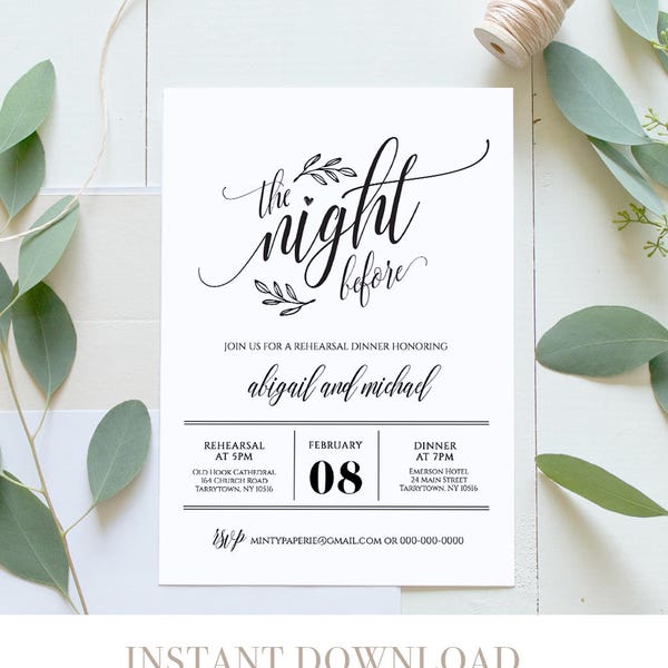 Wedding Rehearsal Dinner Printable, DIY Rehearsal Invitation Template, Night Before, Instant Download, Fully Editable, Digital #020-107RD