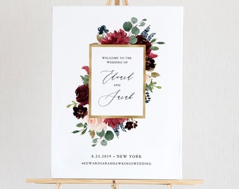 Merlot Welcome Sign Template, Printable Boho Floral & Greenery Wedding or Bridal Shower Poster, Instant Download, Editable Text #062-133LS