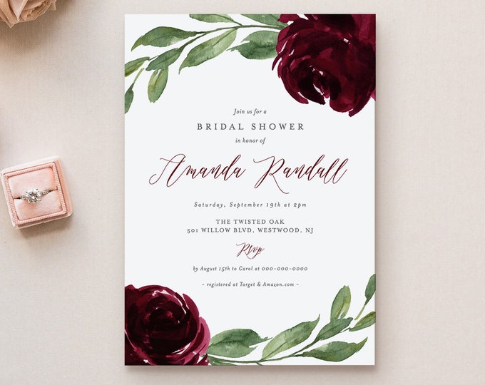 Bridal Shower Invitation Template, Printable Boho Burgundy Florals & Greenery Shower Invite, 100% Editable Text, INSTANT DOWNLOAD #067-183BS