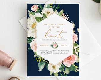 Elopement Invitation Template, Tied the Knot, INSTANT DOWNLOAD, Printable Reception Party, 100% Editable Text, Boho Floral Navy #043-115EL