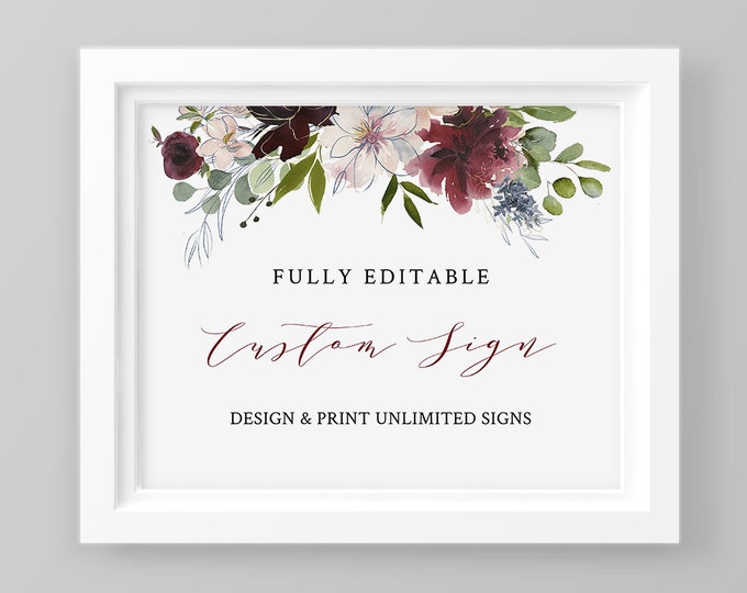 Custom Wedding Sign Template, Self-Editing Template, Create Unlimited Signs, INSTANT DOWNLOAD, Printable, Burgundy Floral, Boho #040-111CS