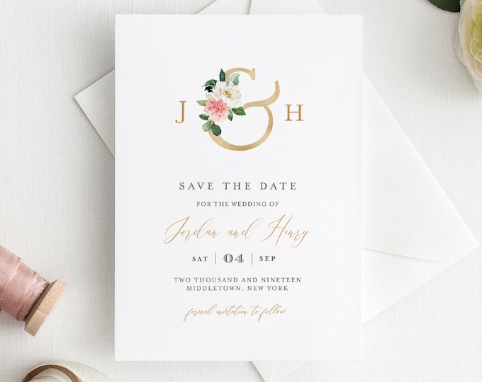 Monogram Save the Date Template, INSTANT DOWNLOAD, 100% Editable Text, Printable Floral & Gold Wedding, DIY, Templett, Digital #043-132SD