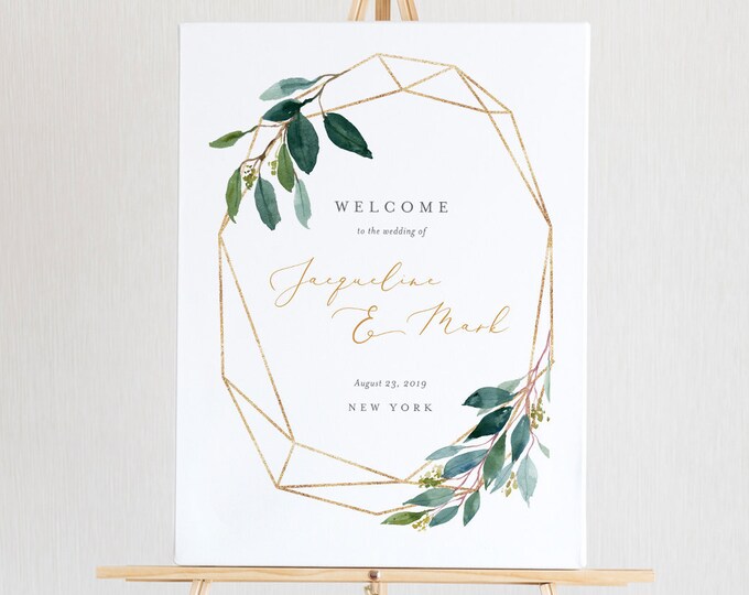 Welcome Sign Template, Winter Greenery and Gold Wedding / Bridal Shower Sign, Editable, Instant Download, US & UK Poster Sizes #044-118LS