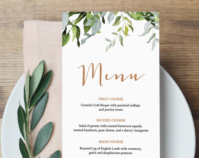 Self-Editing Menu Template, INSTANT DOWNLOAD, Printable Wedding Dinner Menu, Greenery & Gold, Wedding Reception Card, Templett #016-111WM