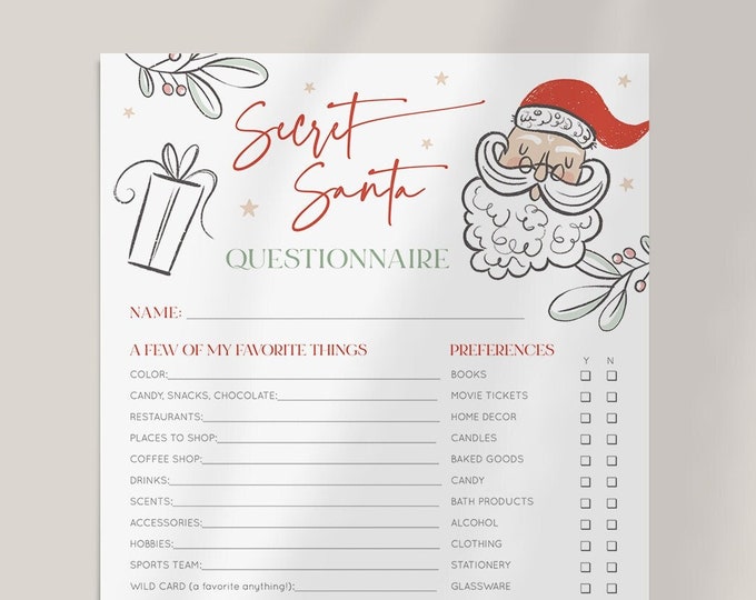 Secret Santa Questionnaire, Gift Exchange Form, Retro, Company Holiday Party, Coworker Gift Swap, Editable Template, 8.5x11 #102SSQ