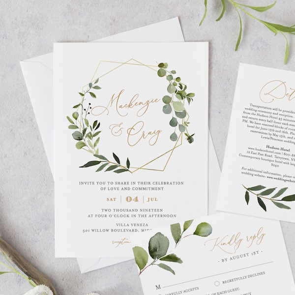 Greenery Wedding Invitation Template, Printable Invite, RSVP and Details, INSTANT DOWNLOAD, 100% Editable Text, DiY, Boho Wreath #056B