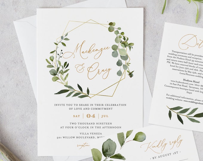 Greenery Wedding Invitation Template, Printable Invite, RSVP and Details, INSTANT DOWNLOAD, 100% Editable Text, DiY, Boho Wreath #056B