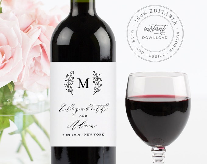 Wine Bottle Label Template, Printable Wedding Wine Label, INSTANT DOWNLOAD, 100% Editable, Custom Monogram Label, Personalized #037-104WL