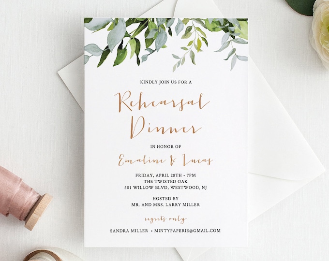 INSTANT DOWNLOAD, Rehearsal Dinner Invitation Template, Watercolor Greenery Wedding Rehearsal Invite, Printable, 100% Editable #016-118RD