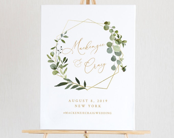 Wedding Welcome Sign Template, Instant Download, 100% Editable Text, Printable Bridal Shower Sign, Greenery & Gold, Templett, DIY #056-128LS