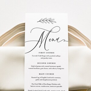 Calligraphy Menu Card Template, Modern Minimalist Wedding Dinner Menu, Printable, 100% Editable, Instant Download, Templett #003-154WM