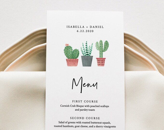 Fiesta Menu Template, Cactus Wedding Menu Card, Printable Succulent Menu, INSTANT DOWNLOAD, Editable Text, Templett 5x7 & 3.5x8.5 #086-143WM