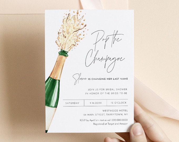 Pop the Champagne Bridal Shower Invitation Template, Brunch and Bubbly, Instant Download, Wedding Shower Invite, Editable Text #0026-305BS
