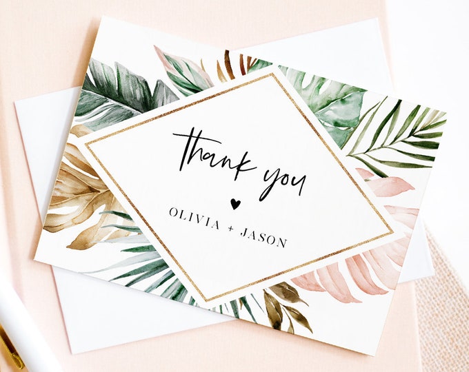 Tropical Thank You Note Card Template, Editable Wedding / Bridal Shower Folded Card, Blush & Gold, INSTANT DOWNLOAD, Templett #087-135TYC