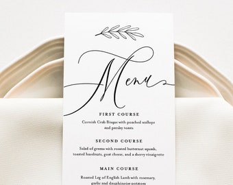 Calligraphy Menu Card Template, Modern Minimalist Wedding Dinner Menu, Printable, 100% Editable, Instant Download, Templett #003-154WM