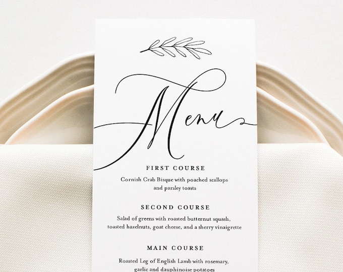 Calligraphy Menu Card Template, Modern Minimalist Wedding Dinner Menu, Printable, 100% Editable, Instant Download, Templett #003-154WM