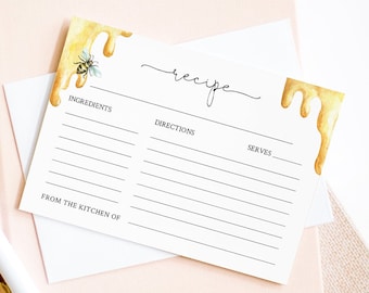 Modèle de carte de recette abeille, insertion de douche nuptiale abeille, téléchargement immédiat, texte 100 % modifiable, Templett, 3,5 x 5 #097-123RC
