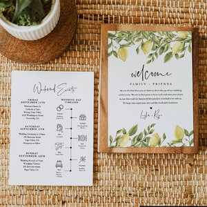 Carta de bienvenida de boda de limón y plantilla de línea de tiempo, orden de eventos de boda de cítricos de verano editable, itinerario, DESCARGA INSTANTE #089-162WB
