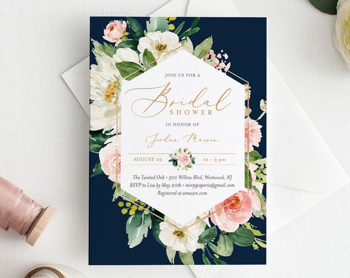 Self-Editing Bridal Shower Invitation Template, INSTANT DOWNLOAD, Printable Wedding Shower Invite, Boho Floral & Navy, Templett #043-145BS