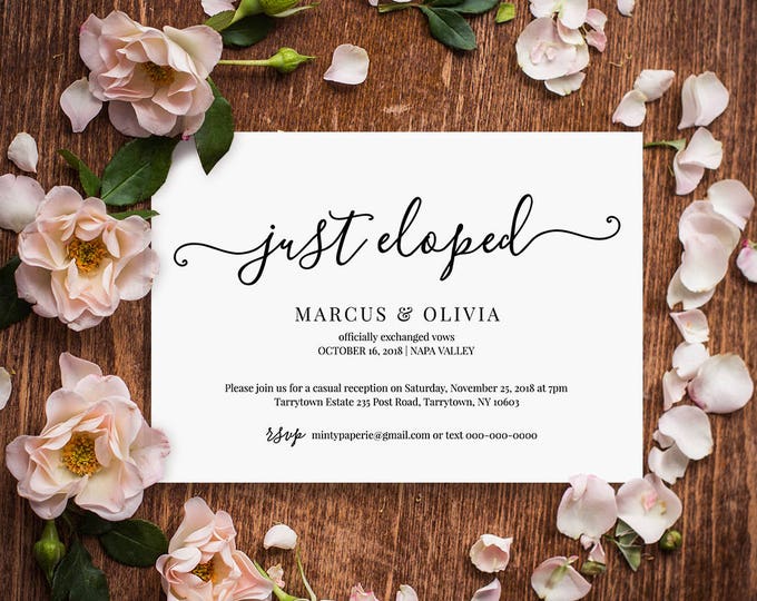 Printable Elopement Announcement, Elopement Invitation Template, Just Eloped, Reception Invite, Instant Download, Editable #030-105EL