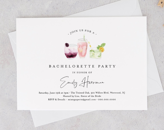 Printable Bachelorette Party Invitation Template, INSTANT DOWNLOAD, 100% Editable Text, Cocktail / Drinks Hen Do Invite, Templett #060-119BP