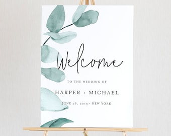 Welcome Sign Template, Instant Download, 100% Editable, Printable Wedding or Bridal Shower Poster, Eucalyptus Greenery, Templett #049-127LS