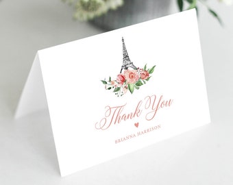 Paris Thank You Note Card Template, Editable Wedding / Bridal Shower Folded Card, Eiffel Tower, INSTANT DOWNLOAD, Templett #001-141TYC