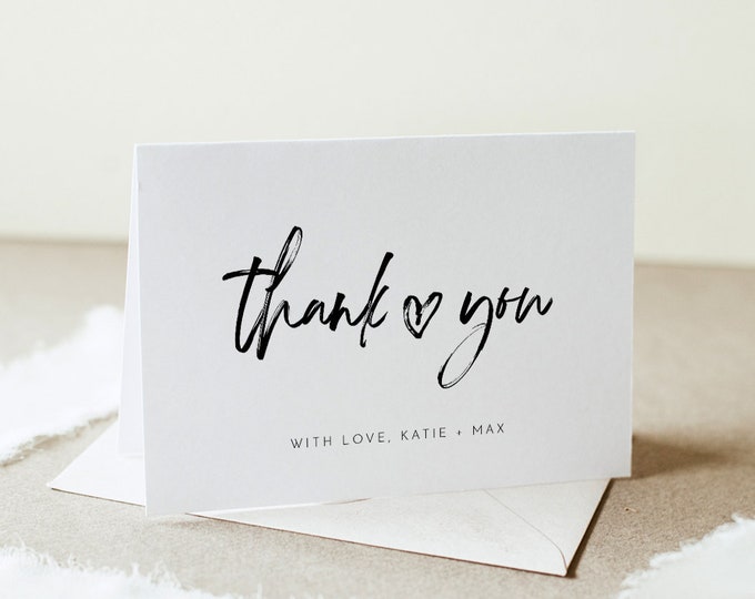 Modern Script Thank You Folded Card, Heart Wedding / Bridal Shower Note, Editable Template, Instant Download, Templett #090-154TYC