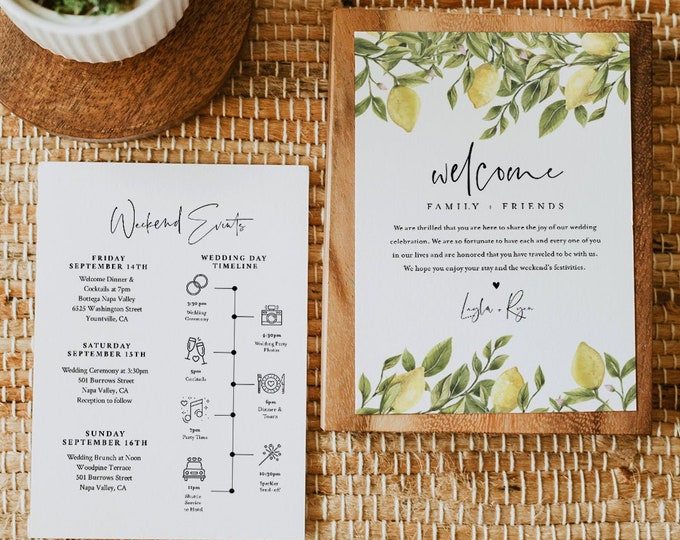 Lemon Wedding Welcome Letter & Timeline Template, Editable Summer Citrus Wedding Order of Events, Itinerary, INSTANT DOWNLOAD #089-162WB