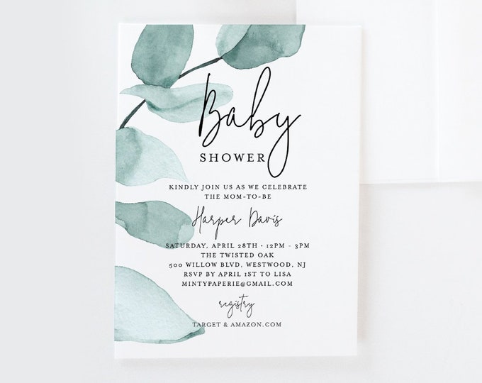 Baby Shower Invitation Template, Delicate Eucalyptus Greenery Baby Shower Invite, INSTANT DOWNLOAD, 100% Editable Text, DIY #049-124BS