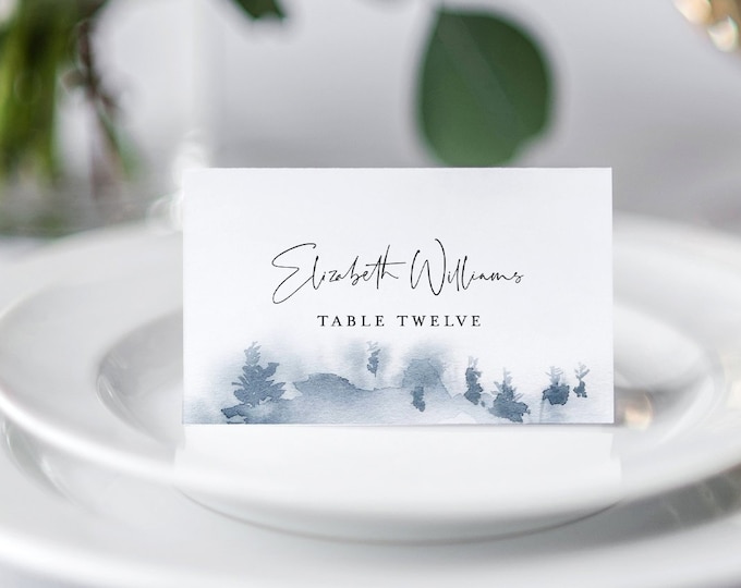 Winter Wedding Place Card Template, Printable Rustic Pine Escort Card, Name Card, Evergreen, 100% Editable Text, INSTANT DOWNLOAD 070-131PC