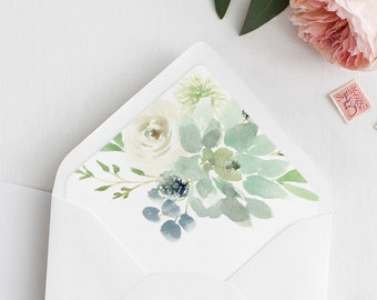 Envelope Liner Template, Watercolor Greenery and Succulent, Wedding Envelope Flap, Instant Download, A1, A6, A7 & More Sizes #075-103ENL