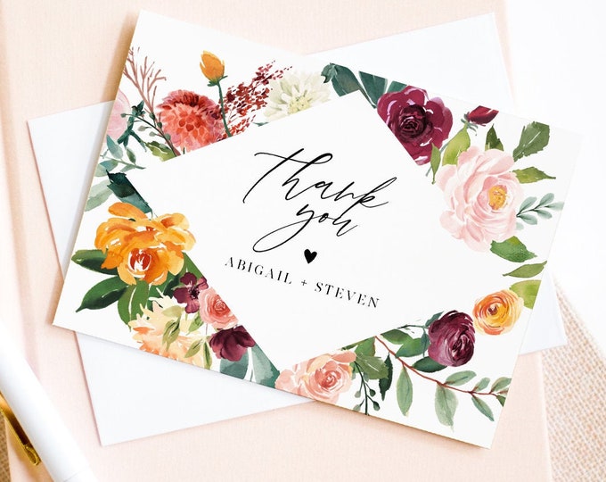 Thank You Card Template, Editable Wedding / Bridal Shower Folded Card, Burnt Orange & Burgundy Floral, INSTANT DOWNLOAD, Templett 002-136TYC
