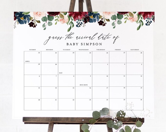 Baby Due Date Sign, Guess the Birthday Baby Shower Game, Baby Calendar, Printable, Editable Template, Instant Download, Templett #062-106GDD