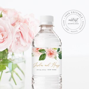 Water Bottle Label Template, INSTANT DOWNLOAD, Printable Custom Label, 100% Editable, Wedding Favor, Floral Bridal Shower Favor #043-108BL
