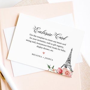 Paris Beilage Karte, bearbeitbare Vorlage, Hochzeit, Brautparty, Babyparty, Registrierung, Wunsch gut, Buchanfrage, jede Beilage #001-145EC