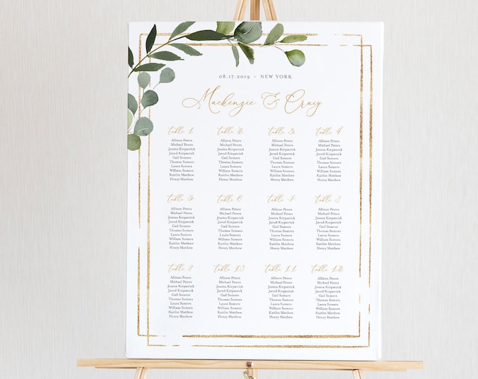 Printable Seating Chart Template, Wedding Seating Sign, Instant Download, 100% Editable Text, Greenery, US & UK Poster Sizes, DIY #056-226SC