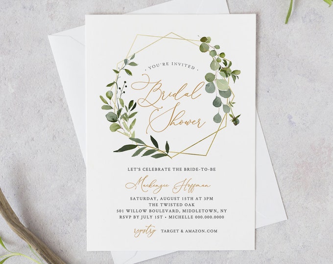 Greenery Bridal Shower Invitation Template, INSTANT DOWNLOAD, 100% Editable Text, Printable Couples Shower Invite, DIY, Templett #056-155BS