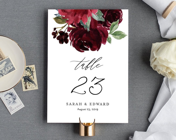 Boho Wedding Table Number Template, Printable Table Card, Burgundy Florals, INSTANT DOWNLOAD, Editable Text, Templett, 4x6 & 5x7 #062-132TC