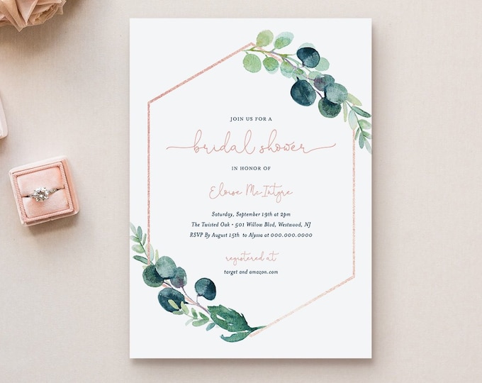 Eucalyptus Bridal Shower Invitation Template, DIY Blush & Greenery Wedding Shower Invite, Printable, Editable, INSTANT DOWNLOAD #068B-189BS