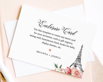 Paris Enclosure Card, Editable Template, Wedding, Bridal Shower, Baby Shower, Registry, Wishing Well, Book Request, Any Insert #001-145EC
