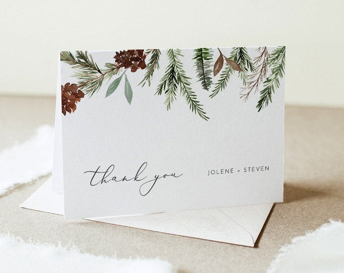Pine Thank You Card, Winter Wedding, Christmas Thank You Note, Flat or Folded, Editable Template, Instant Download, Templett #0017-175TYC