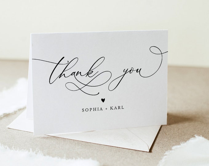 Thank You Card Template, Minimalist Wedding Thank You, Bridal Shower Thank You Folded Card, Note Card, Instant Download Templett #092-142TYC