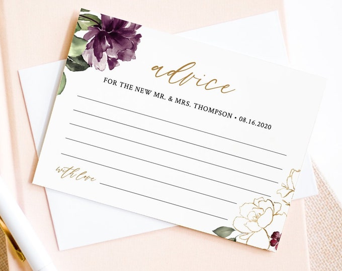 Advice Card Template, Wedding Bridal Shower, Baby Shower, 100% Editable Text, Instant Download, Purple Florals & Gold, Templett #006-137EC