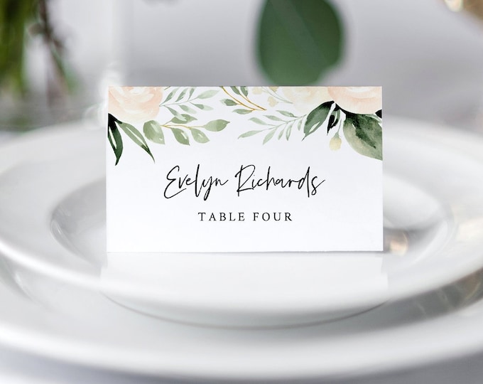 Peach Floral Wedding Place Card Template, INSTANT DOWNLOAD, 100% Editable, Printable Escort Card, Greenery Name Card, Templett #076-134PC