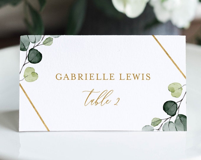 Greenery Wedding Place Card Template, Printable Watercolor Escort Card, Editable Seating Card, Templett, Instant Download, DIY #007-152PC