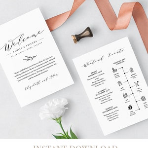 May include: A printable wedding weekend schedule template with a black and white design. The template includes a welcome message, a weekend schedule, and a wedding day timeline. The text includes the dates September 14th, 15th, and 16th.