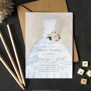 Bridal Shower Invitation, Instant Download, 100% Editable Template, Printable Wedding Dress Bridal Shower Invite, Feminine, Templett #141BS