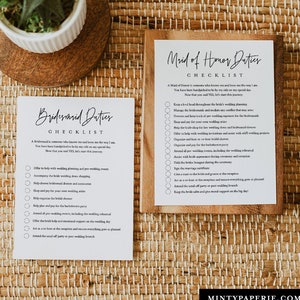 Bridesmaid Duties Checklist, Maid of Honor Duties, Minimalist Bridal Party Info Card, Editable Text, Instant Download, Templett #0009-102BDC